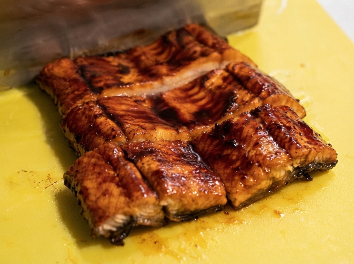 Un couteau coupant une anguille grillée et glacée en portions sur une planche à découper verte.