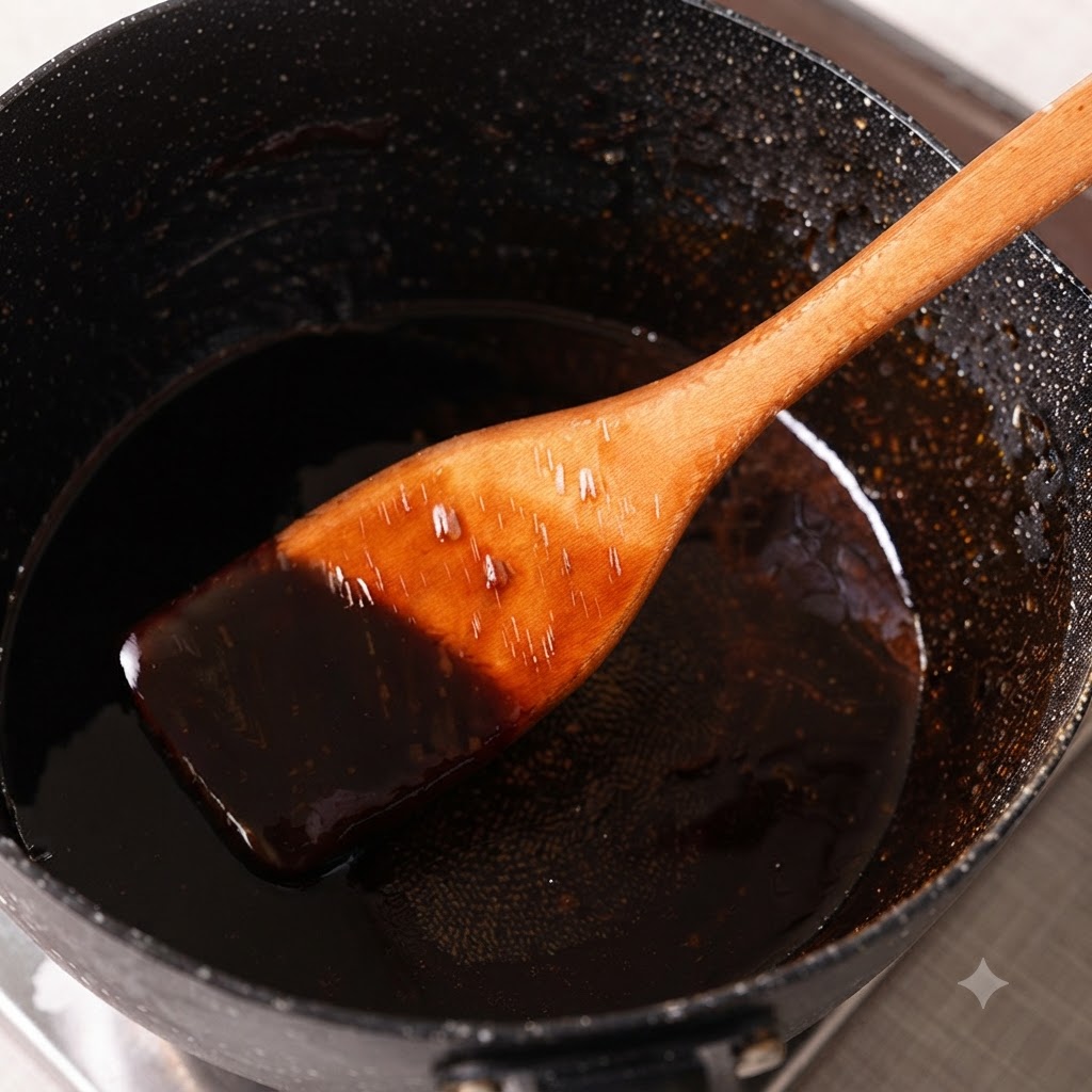 Une spatule en bois remuant une sauce épaisse, foncée et brillante dans une casserole mouchetée noire.