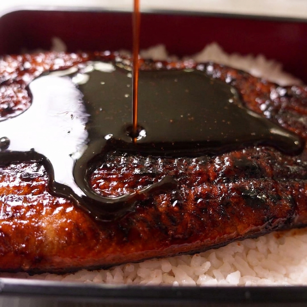 Une épaisse sauce sombre versée depuis le haut sur de languille grillée servie sur du riz blanc dans une boîte bento.