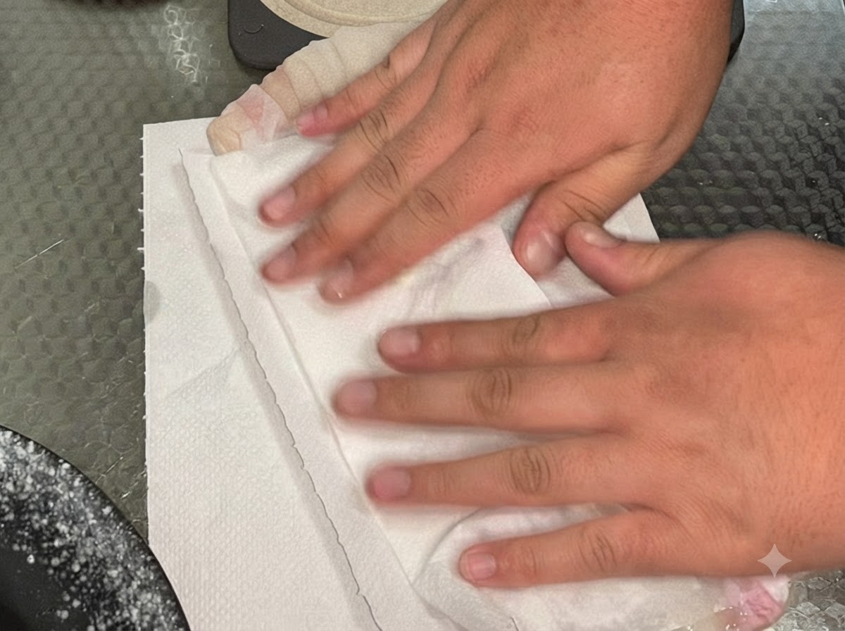 Mains pressant du papier essuie-tout sur les filets danguille crue marinée pour absorber lhumidité.