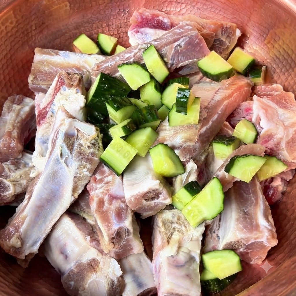 Morceaux de concombre hachés, ciboules vertes, gingembre et flocons de piment rouge répartis uniformément sur les côtes de porc dans un bol en cuivre.