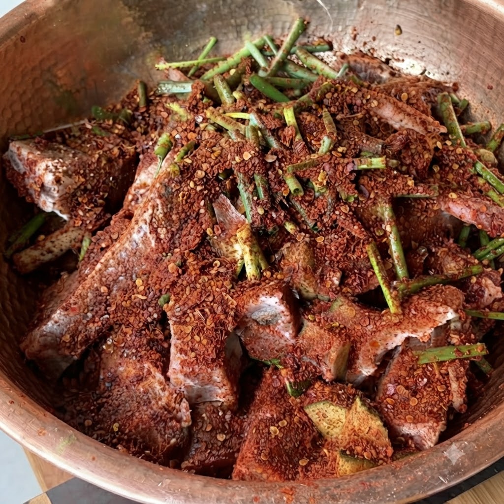 De la sauce huître foncée ajoutée au mélange de côtes assaisonnées.