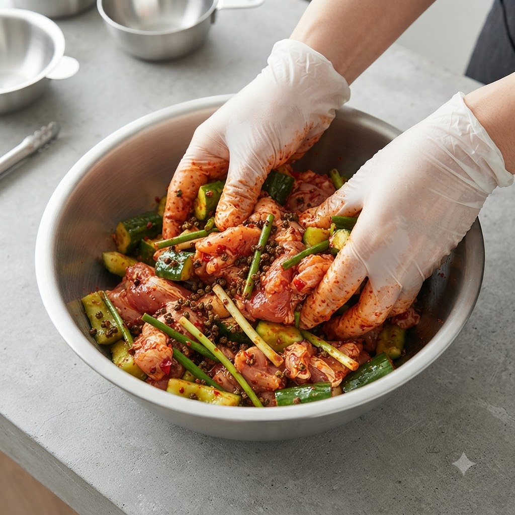 Une paire de mains gantées mélangeant la viande assaisonnée et les légumes à lintérieur dun grand bol en métal.