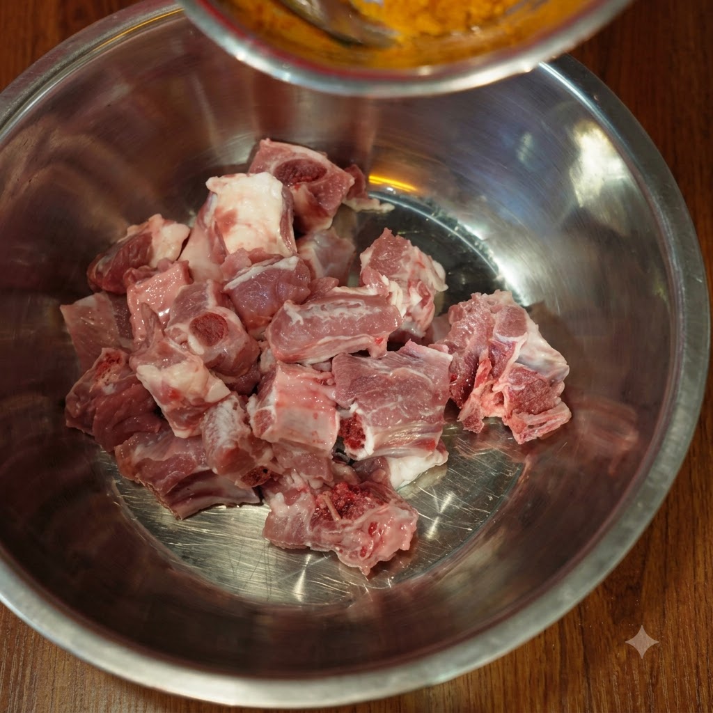 Du curcuma et des épices versés dun petit bol sur des morceaux de côtes de porc crues dans un bol mélangeur.