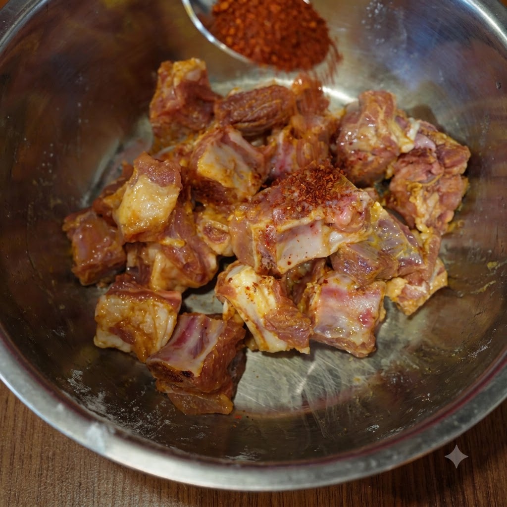 Des flocons de piment versés à la cuillère sur des morceaux de côtes de porc assaisonnés à lintérieur dun bol mélangeur en acier.