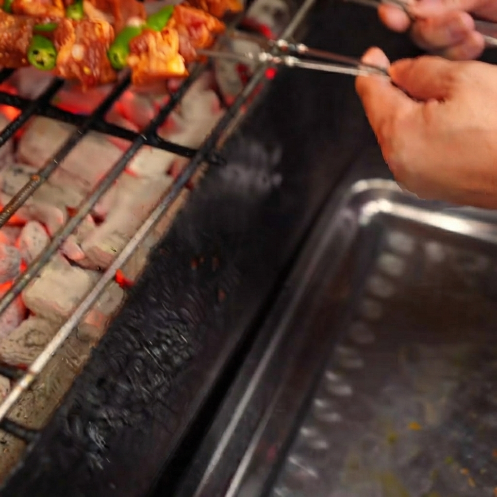 Des mains plaçant des brochettes de viande et de poivrons verts sur une grille de barbecue à charbon noire.