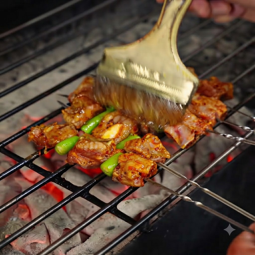 Un large pinceau appliquant de lhuile sur la viande en brochette et les poivrons cuisant sur un gril à charbon.