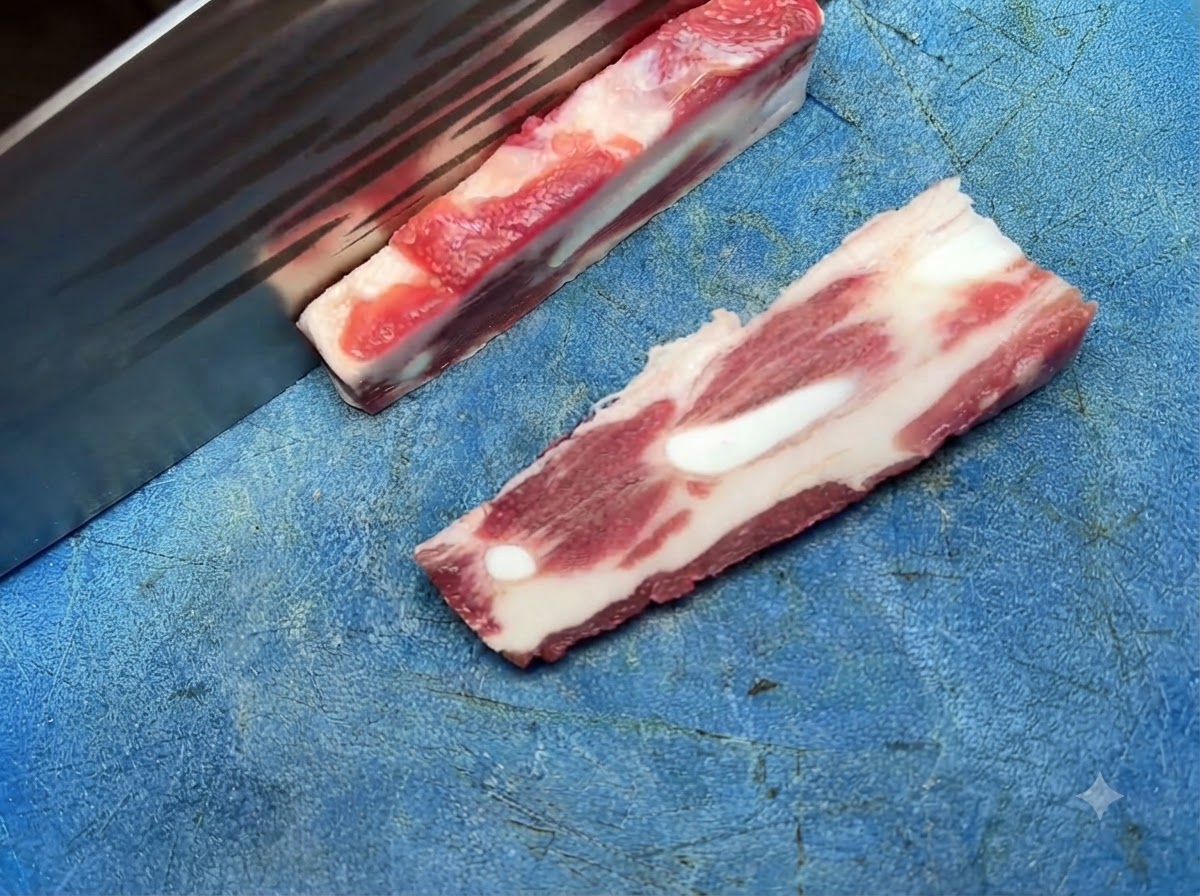 Un couteau bien aiguisé coupant de la viande de côtes de porc crue en petits morceaux sur une planche à découper bleue.