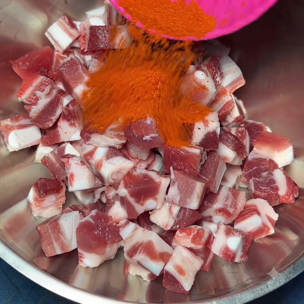 De la poudre de piment rouge versée dune cuillère rose dans un bol mélangeur en métal rempli de viande de côtes de porc coupée en cubes.