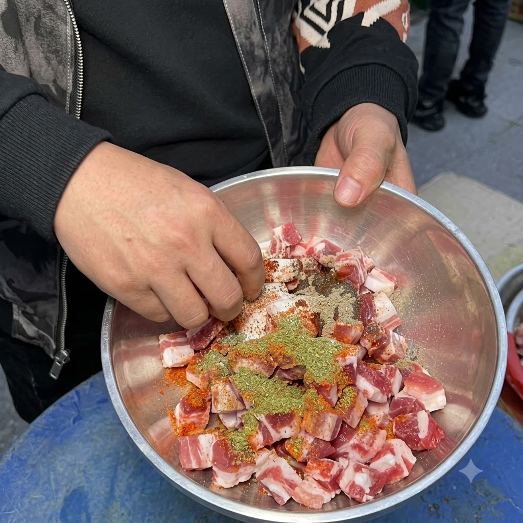 Une personne portant une veste et un gant mélangeant des cubes de porc assaisonnés à lintérieur dun bol en acier inoxydable.