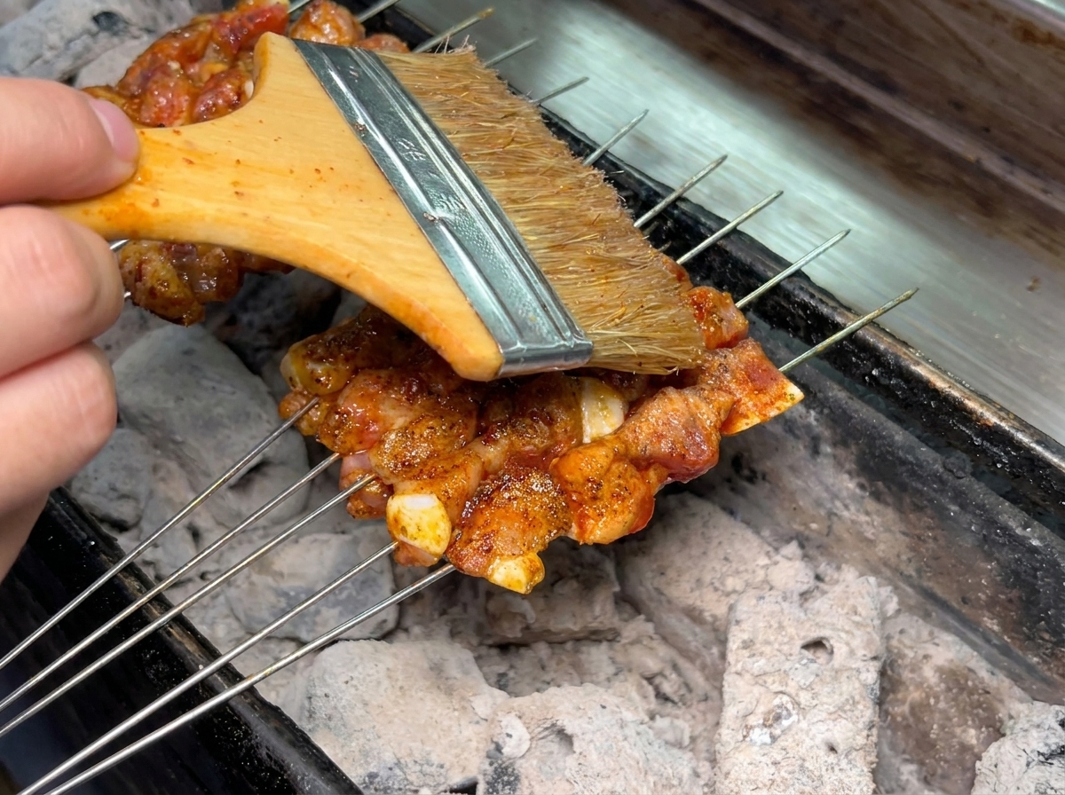 Un pinceau en bois appliquant de lhuile sur des brochettes de porc assaisonnées cuisant sur du charbon chaud.