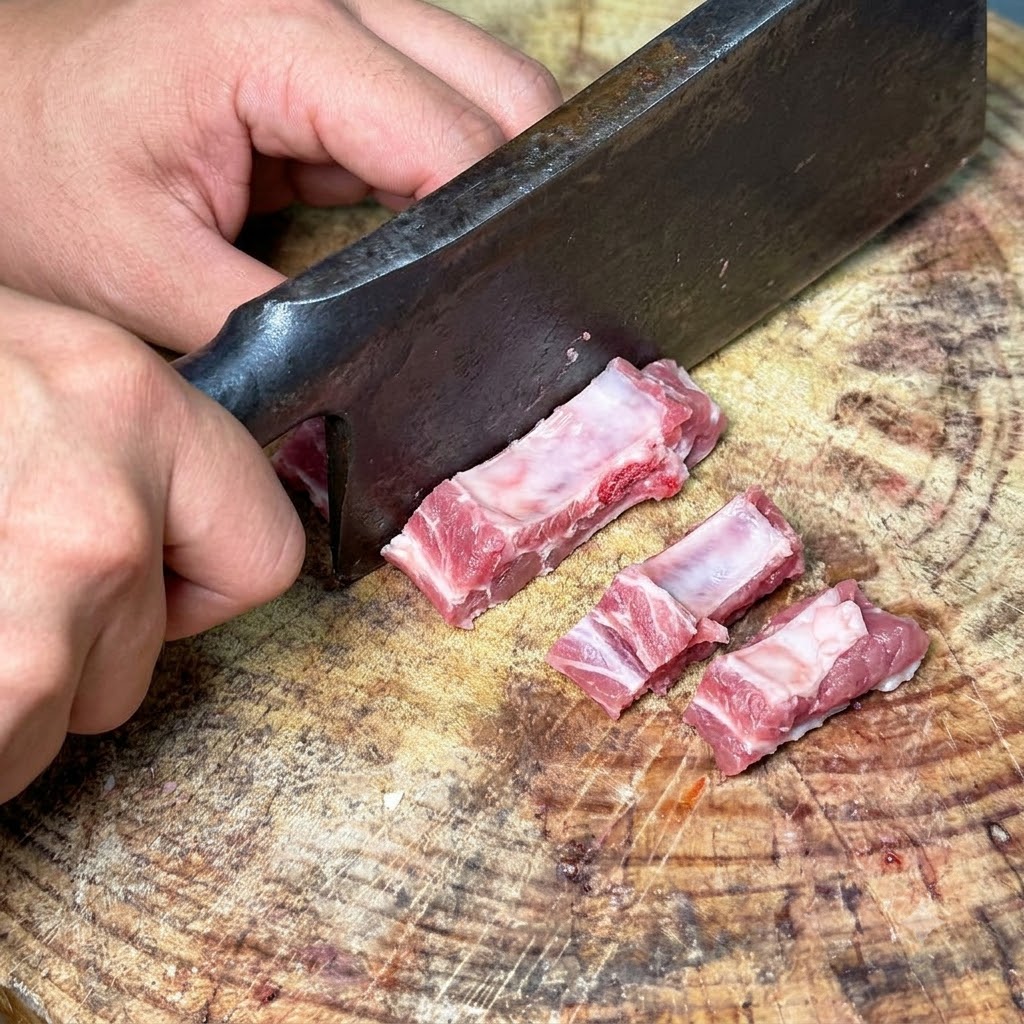 Côtes de porc coupées en petits morceaux de la taille dune bouchée avec un grand couteau sur une planche en bois.