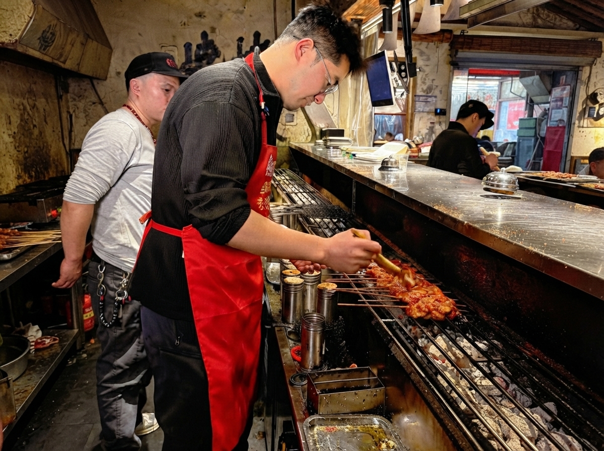 Huile badigeonnée sur les brochettes de côtes de porc en train de cuire sur un gril à charbon chaud.