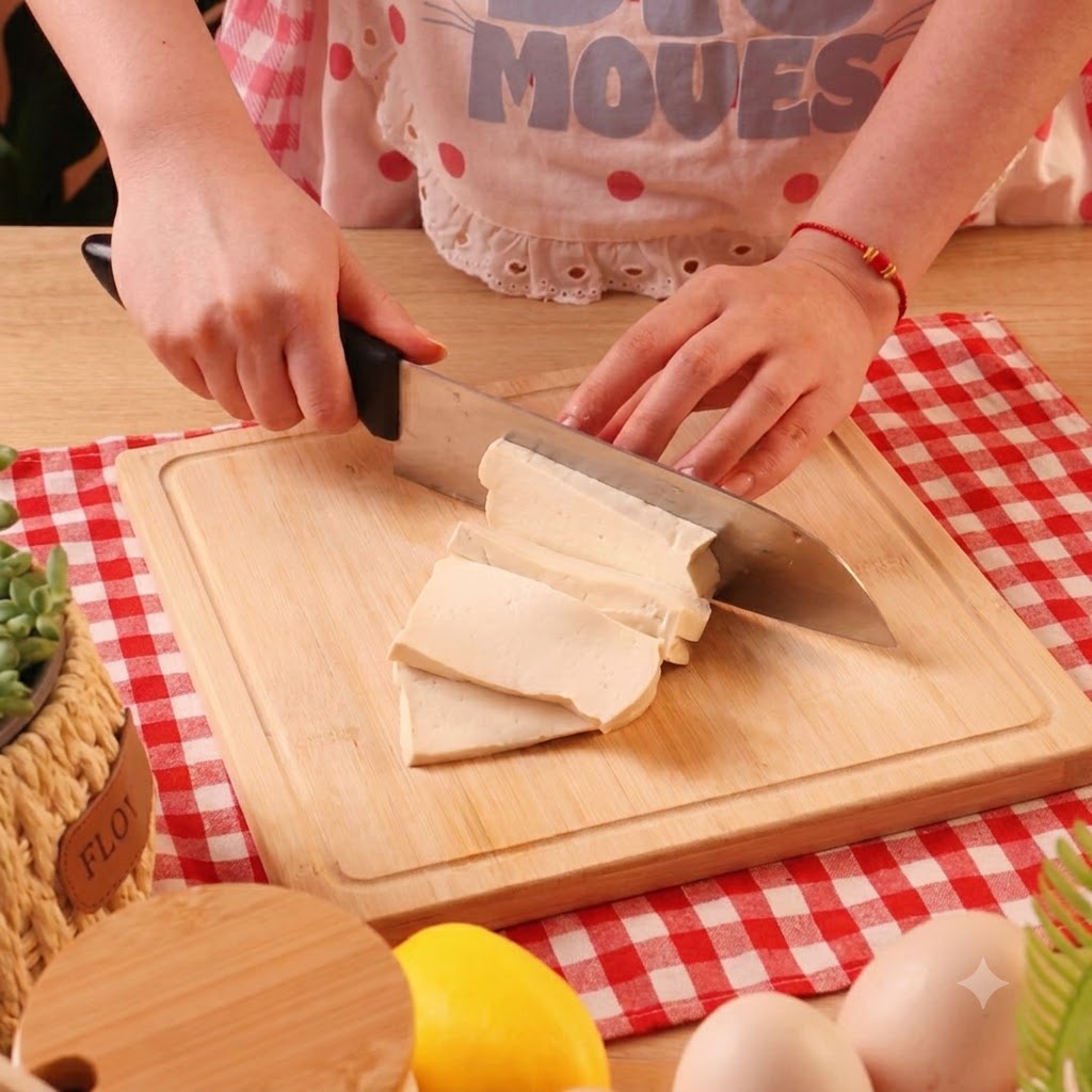 Un bloc de tofu coupé en tranches épaisses sur une planche à découper en bois avec un couteau de chef.