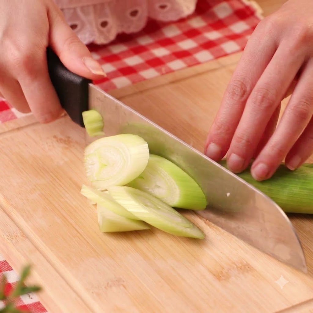 Des oignons verts coupés en rondelles sur une planche à découper en bois.