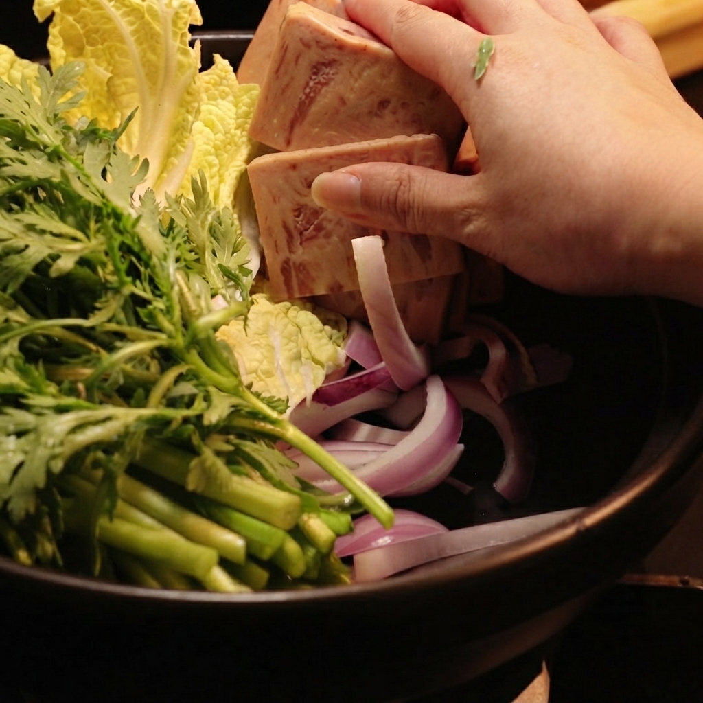 Des tranches de viande de luncheon placées à lintérieur de la cocotte avec les légumes.