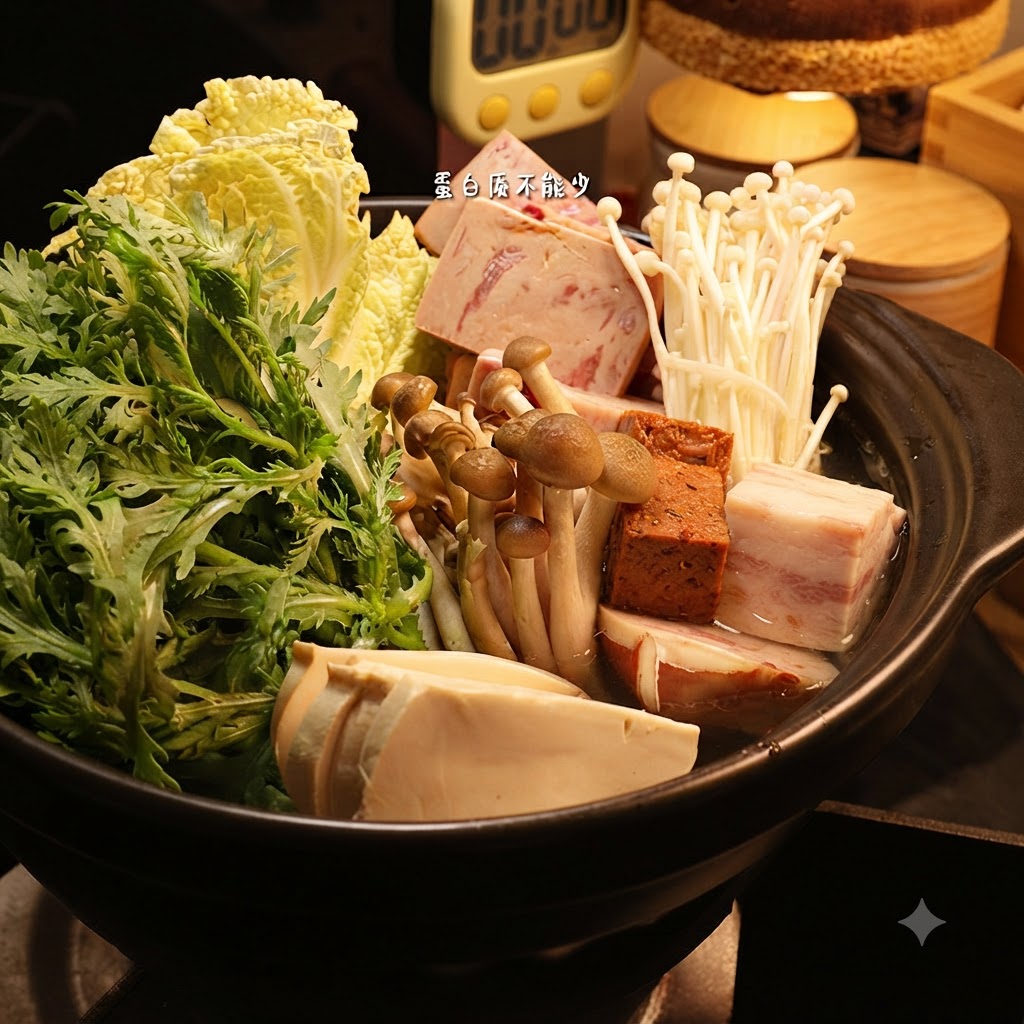 Du tofu tranché placé à lintérieur dun hot pot en céramique sombre rempli de divers légumes et champignons.