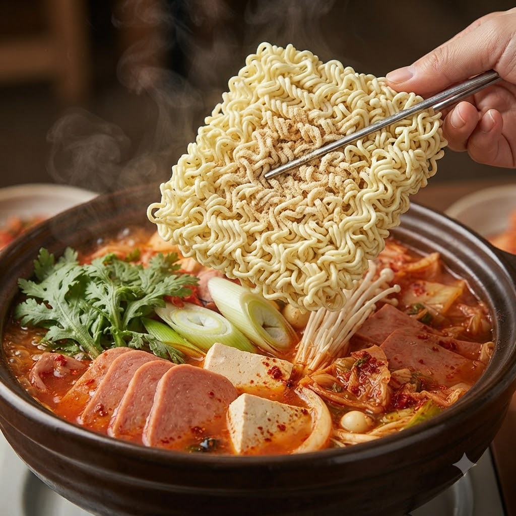 Un bloc de nouilles ramen instantanées placé sur le dessus dun ragoût militaire frémissant.