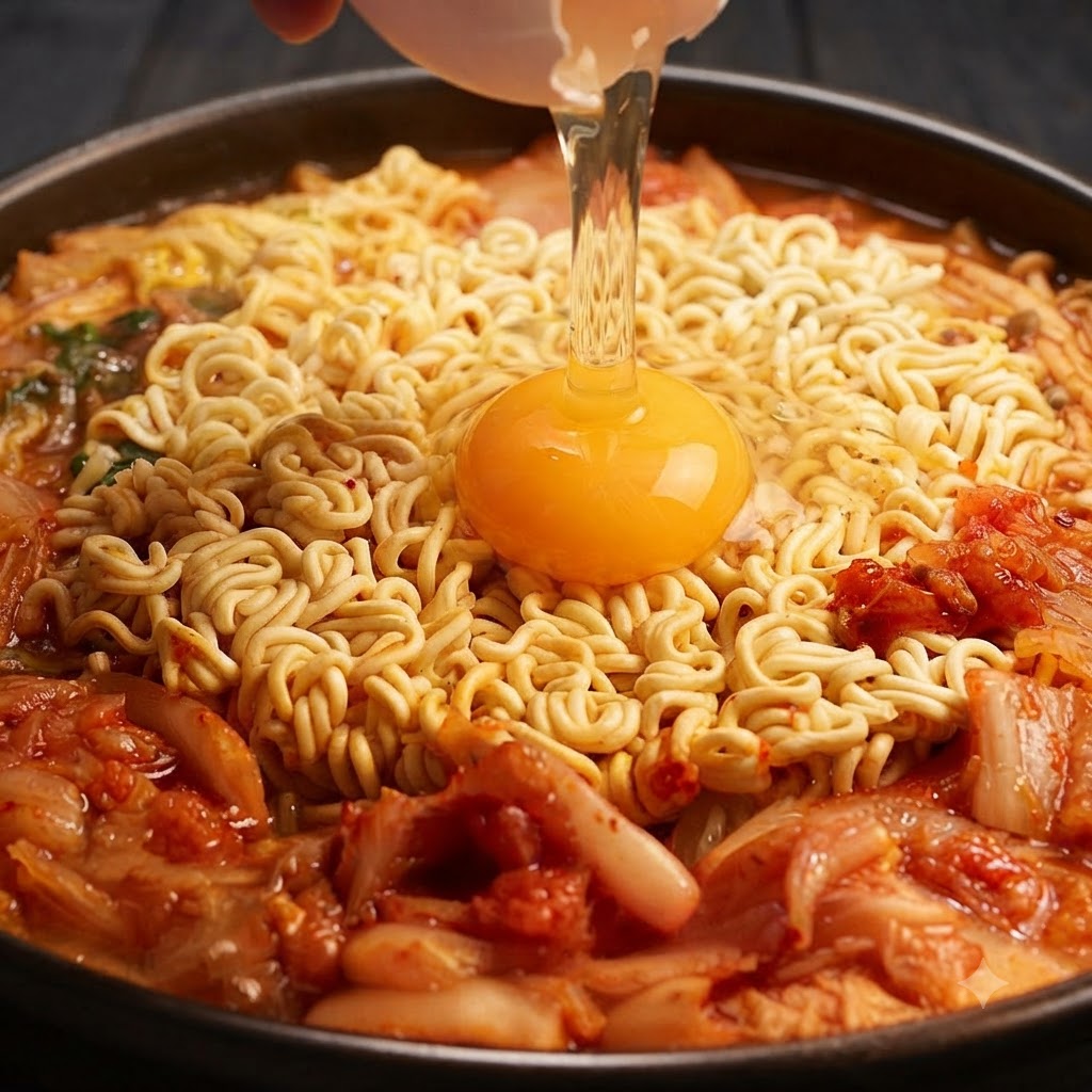 Un œuf cru quon casse, le jaune et le blanc se déversant directement au centre des nouilles ramen dans une cocotte.