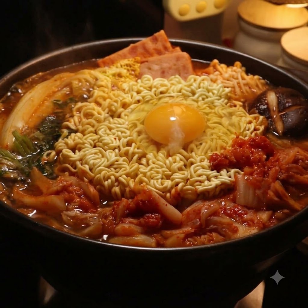 Une cocotte de ragoût militaire avec des ramen et un œuf recouverte dun couvercle pendant la phase de frémissement.
