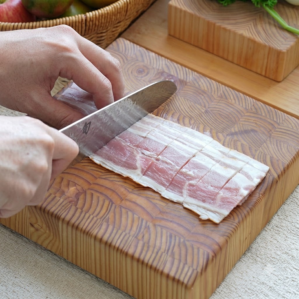 Tranches de bacon coupées en morceaux plus petits avec un couteau sur une planche en bois.