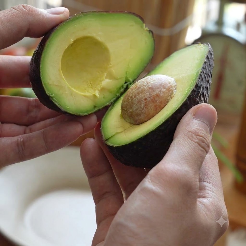Un avocat coupé en deux révélant le noyau, posé sur une assiette en céramique.