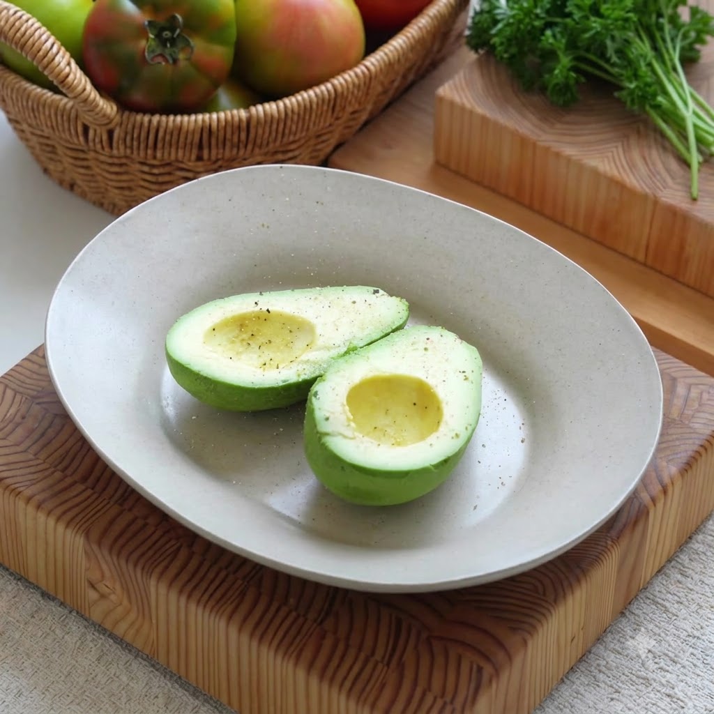 Moitiés d avocat assaisonnées de sel, de poivre et de jus de citron sur une assiette.