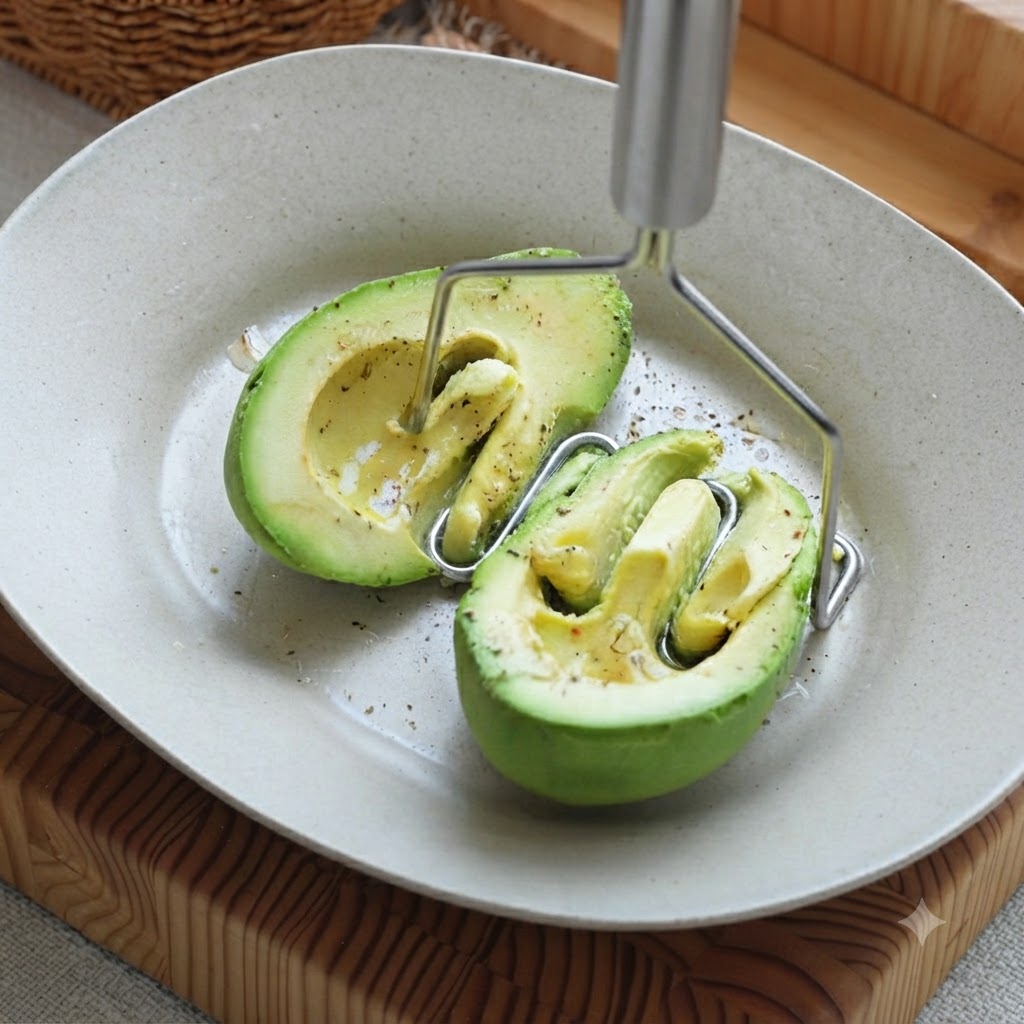 Avocat écrasé en une purée verte lisse à l aide d un presse-purée en métal dans un bol.