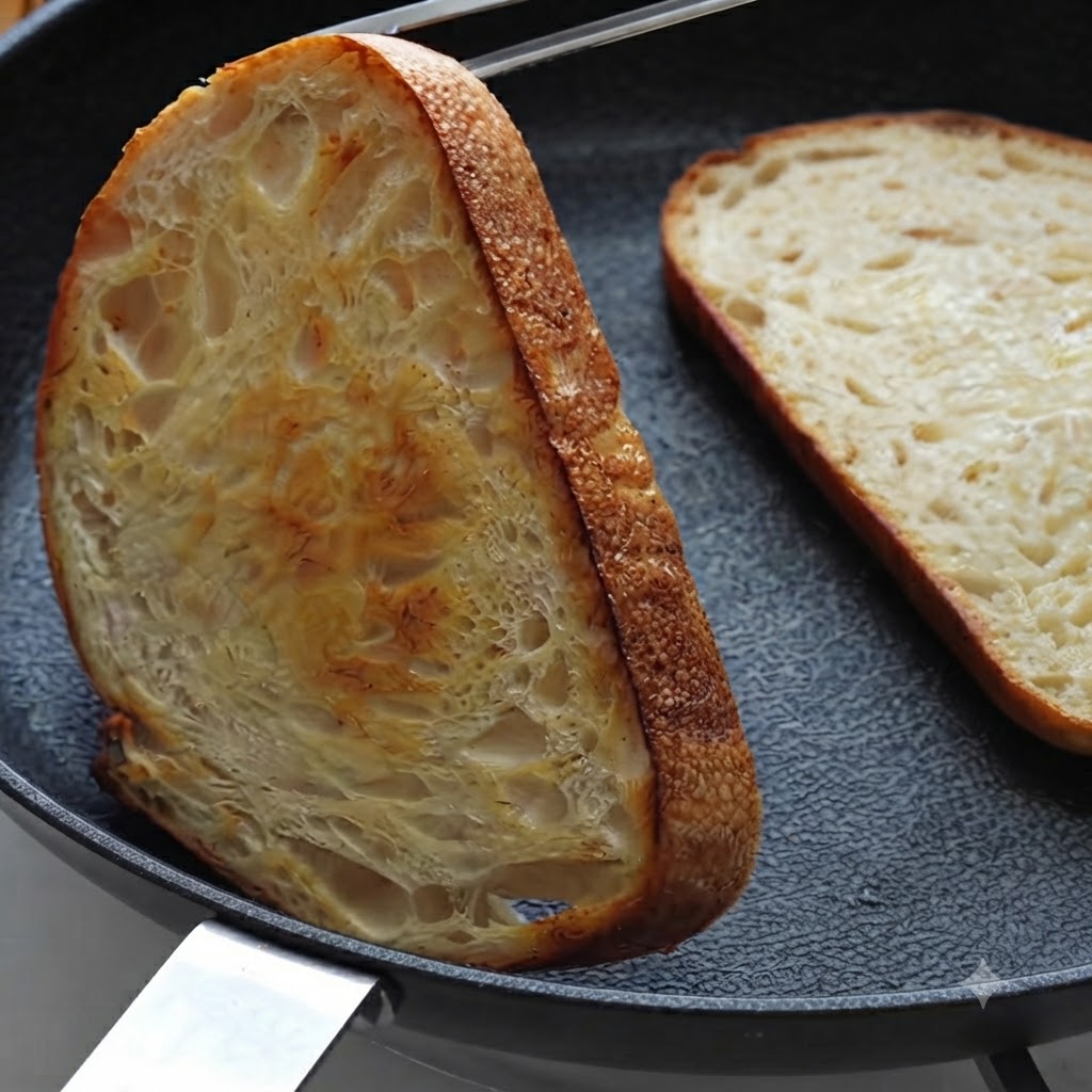Tranches de pain au levain dans une poêle retournées avec des pinces jusqu à être dorées.