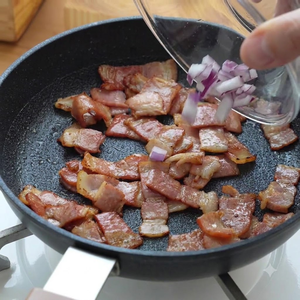 Morceaux d oignon rouge hachés versés dans la poêle avec le bacon en cours de cuisson.