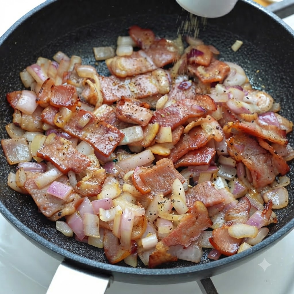 Poivre noir moulu sur le bacon et les oignons grésillants dans une poêle.