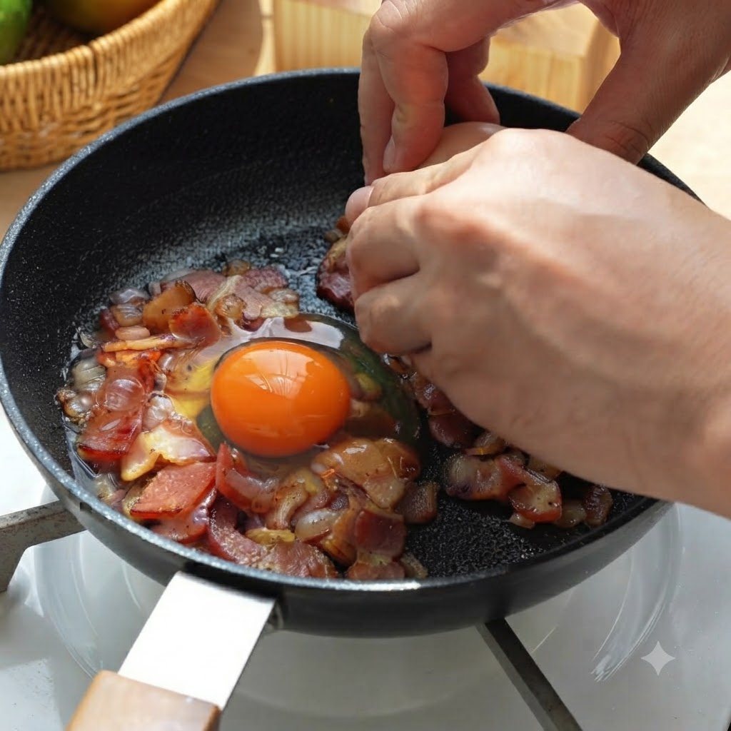 Une paire de mains cassant un œuf directement dans la poêle avec le bacon et les oignons.