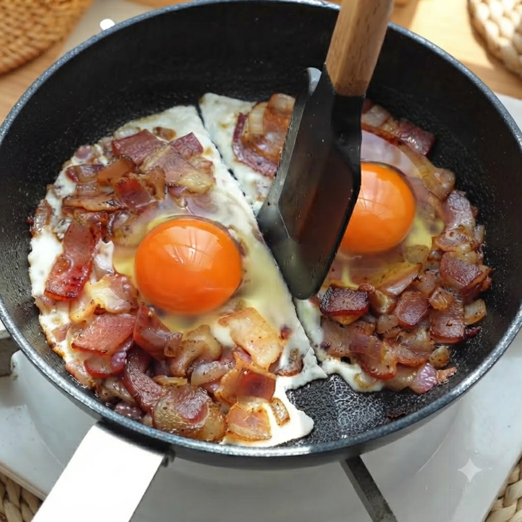 Une spatule séparant les deux portions d œufs et de bacon en cuisson au centre de la poêle.