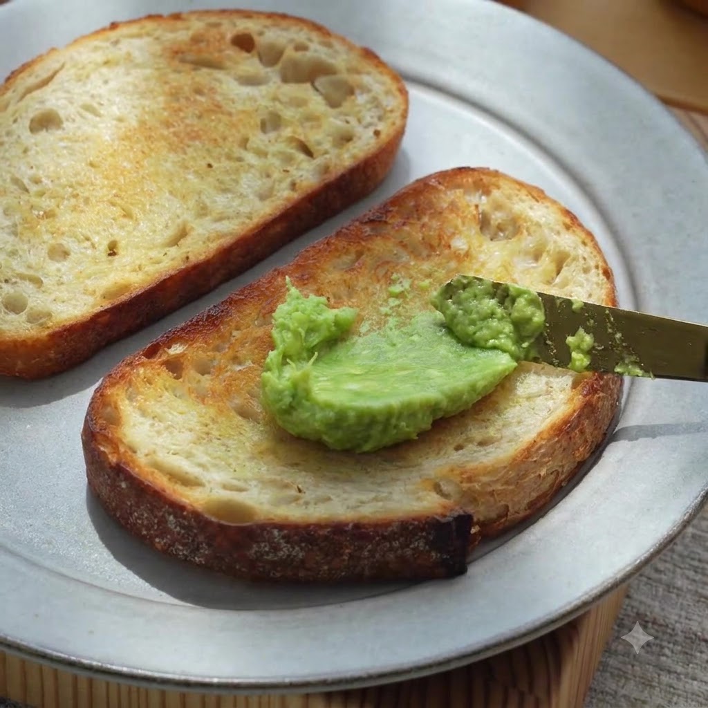 Purée d avocat verte étalée uniformément sur du pain au levain toasté à l aide d un couteau à beurre.
