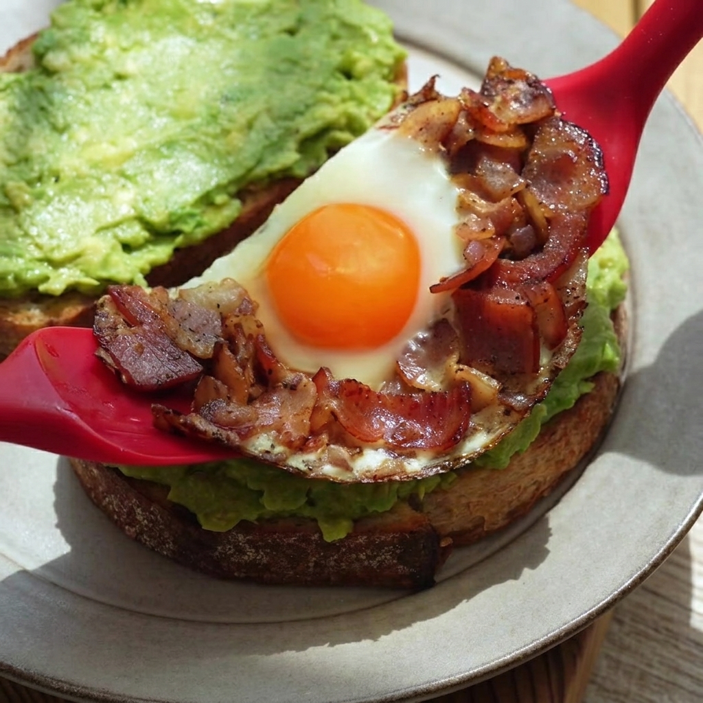 Une spatule rouge soulevant une portion cuite de bacon et d œuf pour la placer sur le toast à l avocat.
