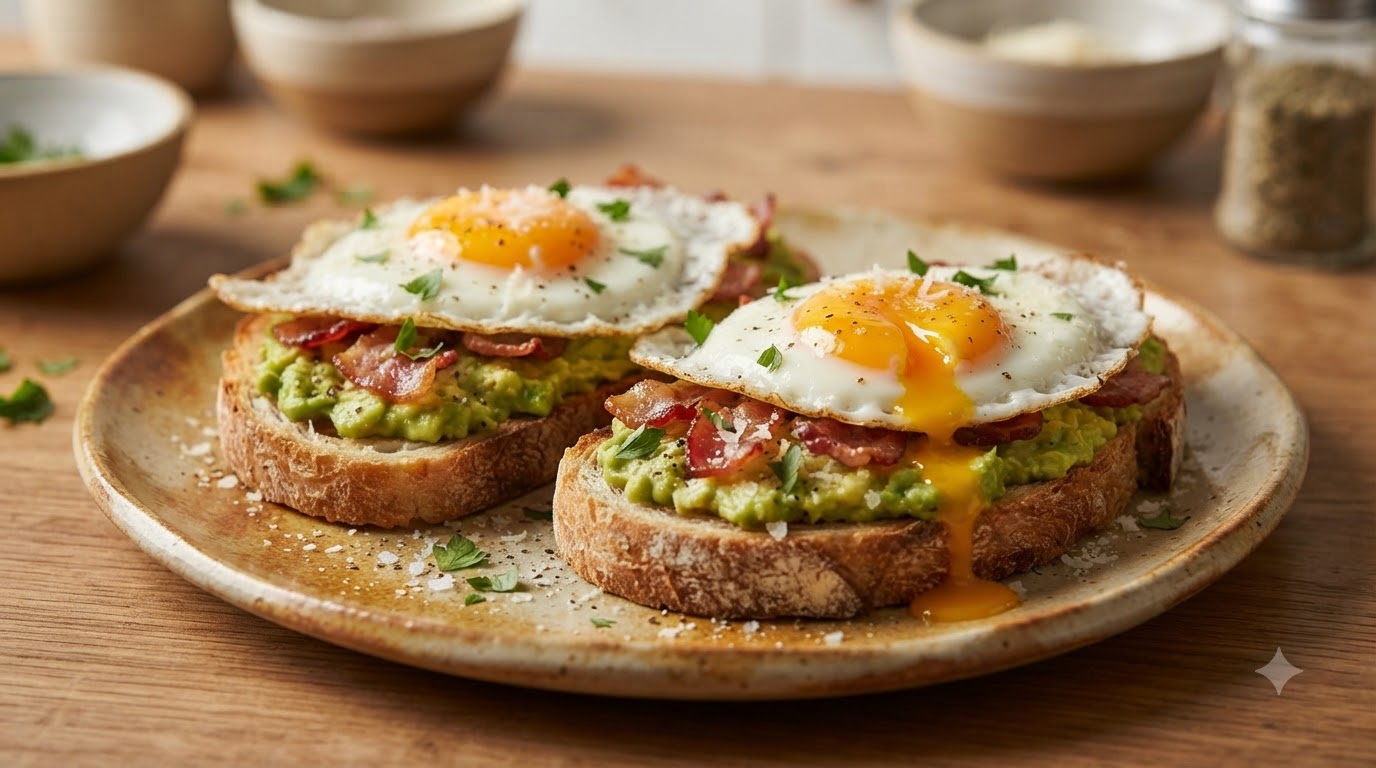 Sandwich croustillant à l avocat, au bacon et œuf sur le plat