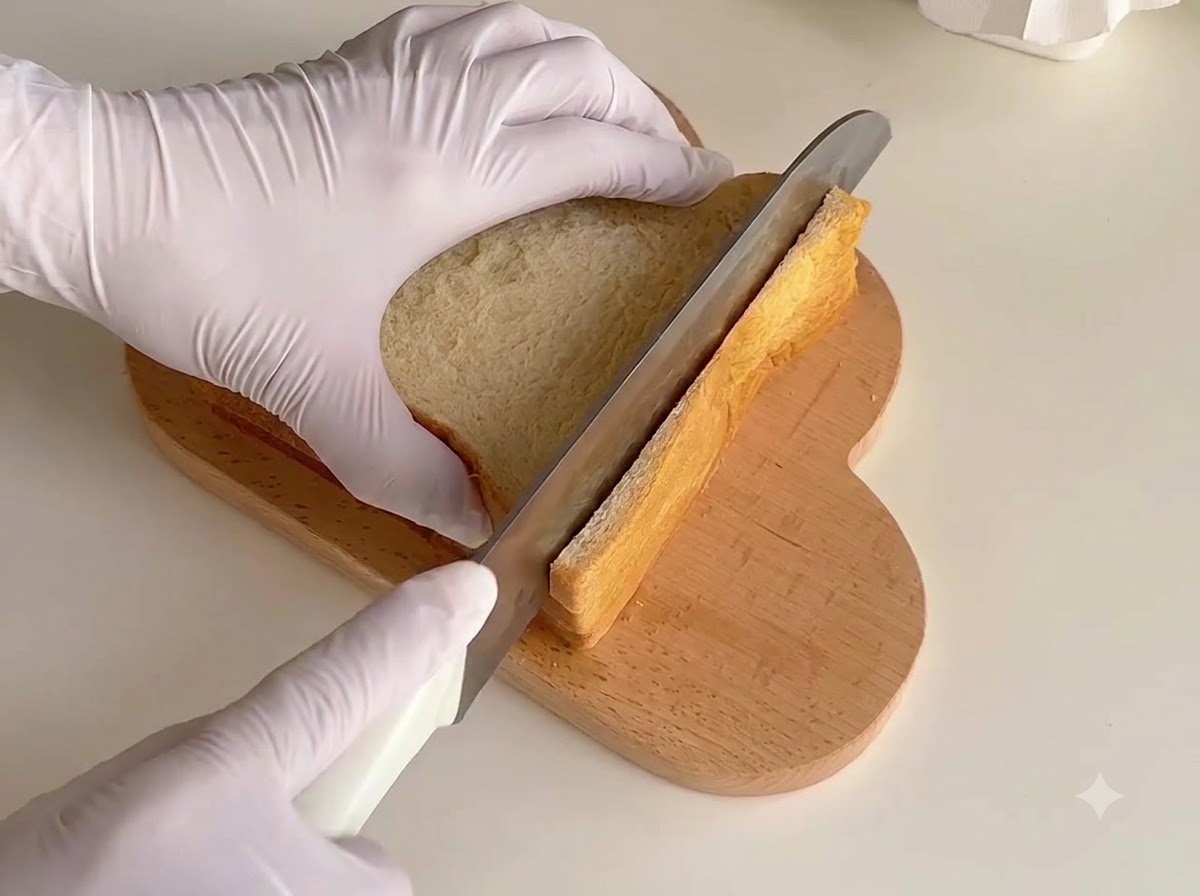 Un couteau coupant les bords de tranches de pain de mie empilées sur une planche en bois.