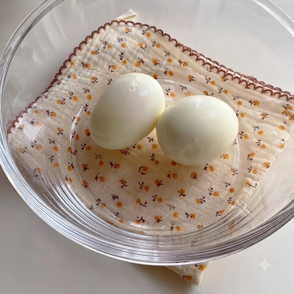 Deux œufs durs écalés disposés dans un bol en verre et saupoudrés de poivre noir.