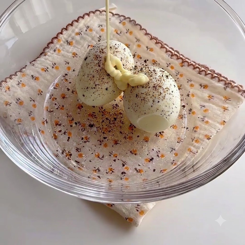 De la mayonnaise pressée à partir dun tube sur les œufs durs assaisonnés dans un bol.