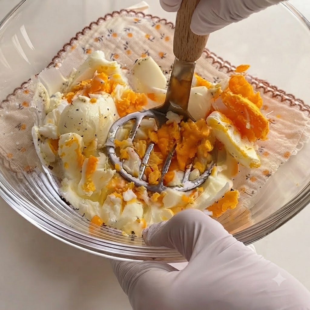 Un écrase-purée en métal réduisant les œufs durs et la mayonnaise dans un bol en verre.