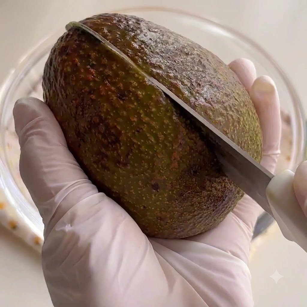 Un couteau coupant au centre dun avocat entier tenu dans des mains gantées.