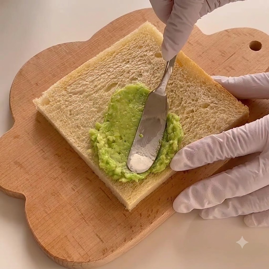 De la purée davocat vert vif étalée uniformément sur une seule tranche de pain de mie sur une planche en bois.