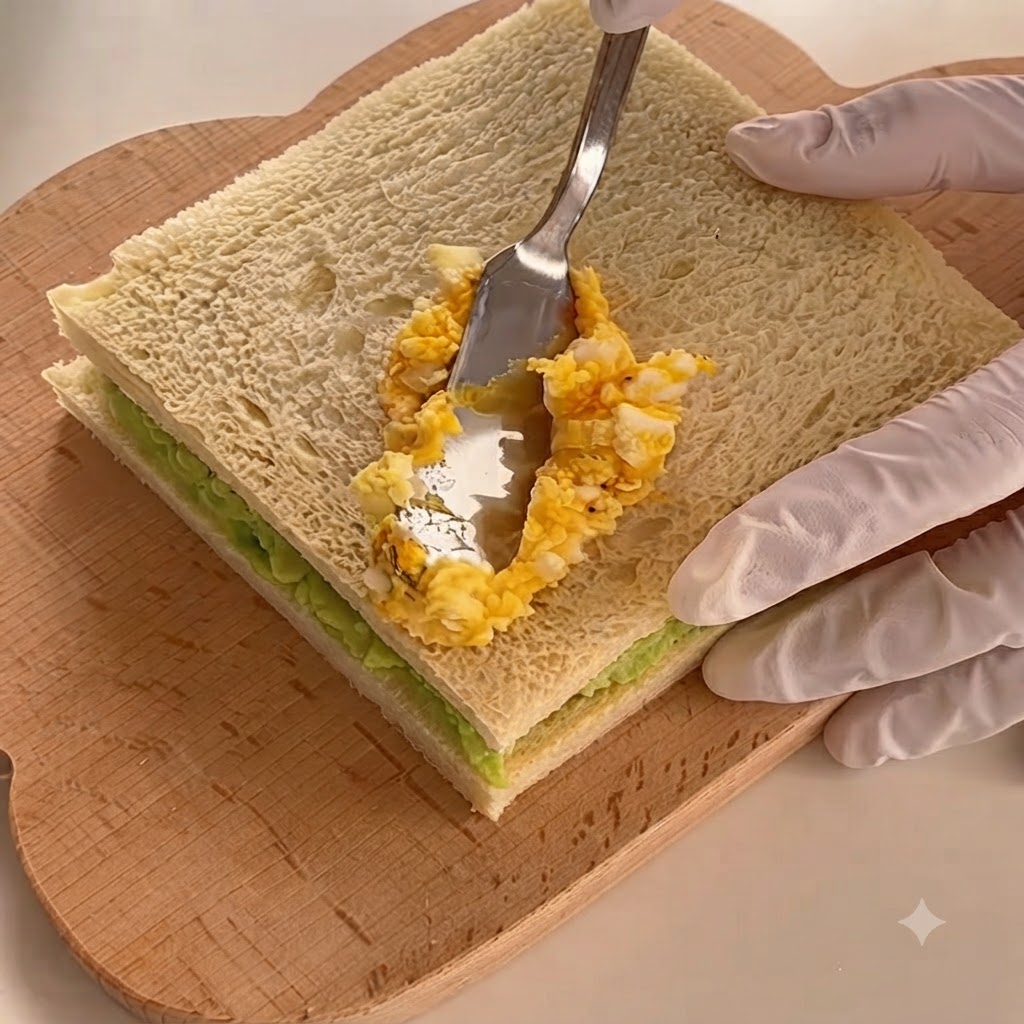 De la salade dœufs préparée étalée sur la deuxième tranche de pain à laide dun couteau.