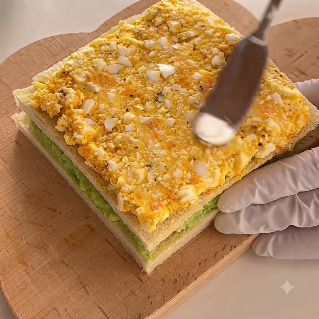 Une troisième tranche de pain de mie placée sur la couche de salade dœufs pour terminer la superposition du sandwich.
