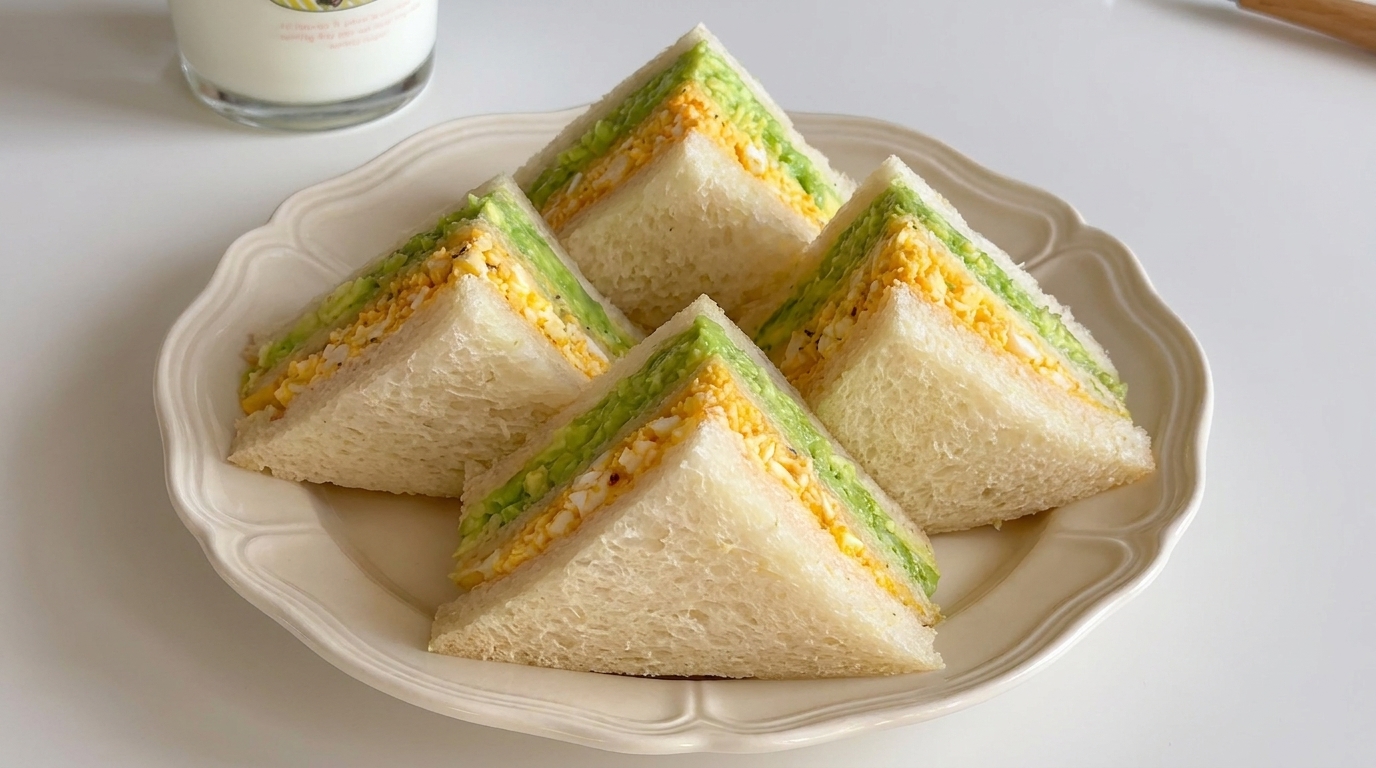 Quatre quarts triangulaires dun sandwich étagé à lavocat et à la salade dœufs, servis sur une assiette festonnée.