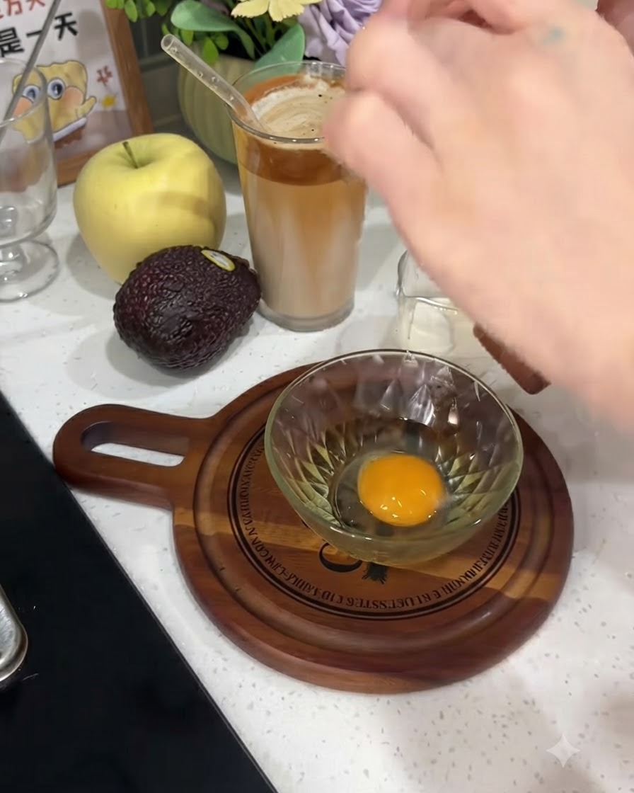 Un œuf cru en train dêtre cassé et versé dans un petit bol en verre transparent sur une planche en bois.
