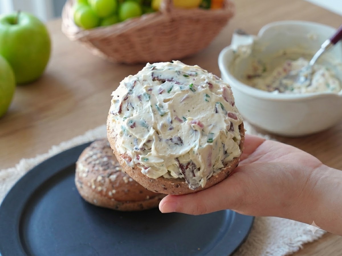 La moitié supérieure dun bagel toasté superposée sur la garniture de fromage frais pour fermer le sandwich.