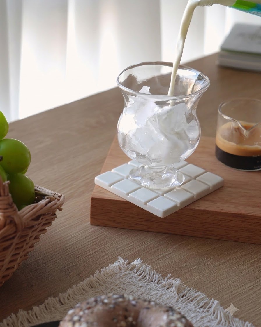 Du lait frais versé dune brique dans un verre transparent rempli de glaçons sur un sous-verre en bois.