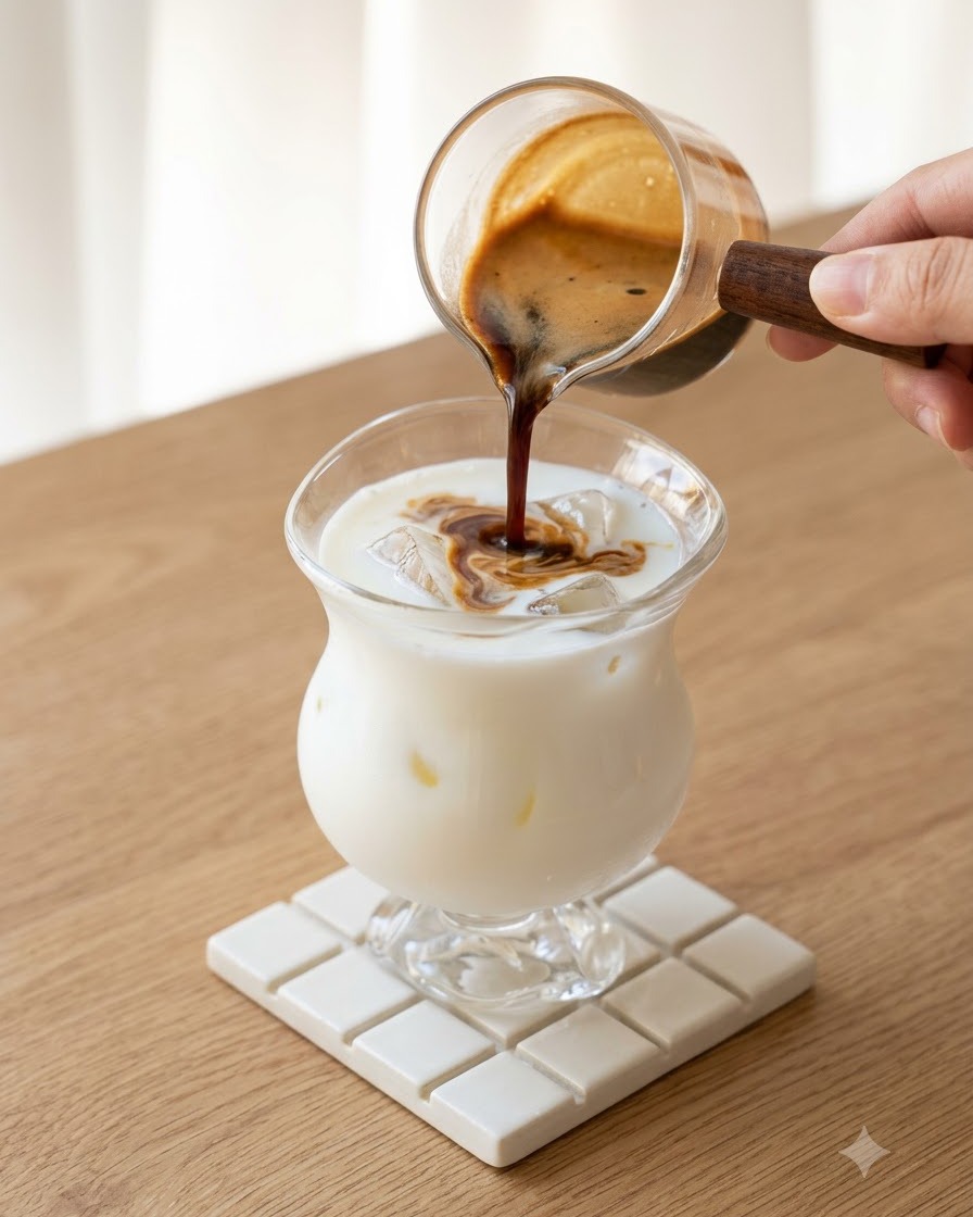 Du café noir fraîchement infusé versé dune pichet en verre dans un verre de lait et de glaçons, créant des motifs tourbillonnants.