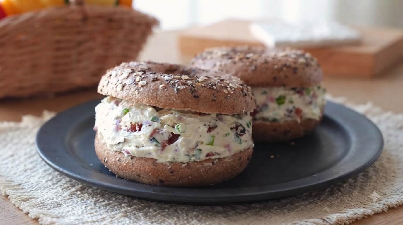 Sandwich Bagel au Bacon et Fromage Frais avec Latte Glacé